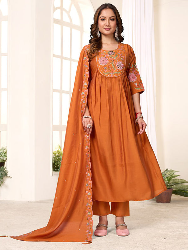 Orange Embroidery Thread Work Viscose Roman Silk Anarkali Kurti Set