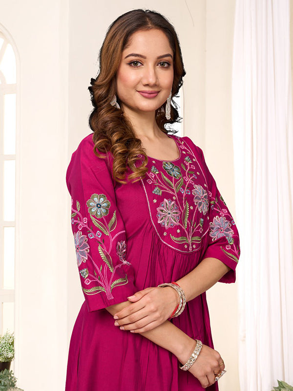 Pink Embroidery Thread Work Viscose Roman Silk Anarkali Kurti Set