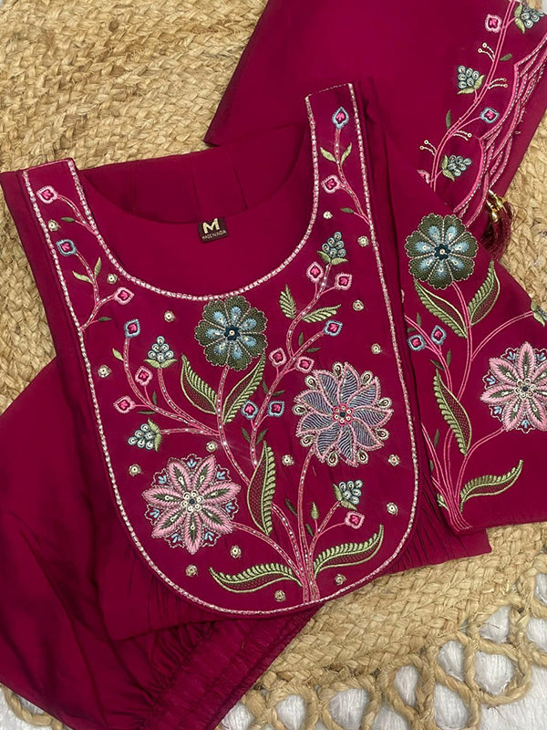 Pink Embroidery Thread Work Viscose Roman Silk Anarkali Kurti Set
