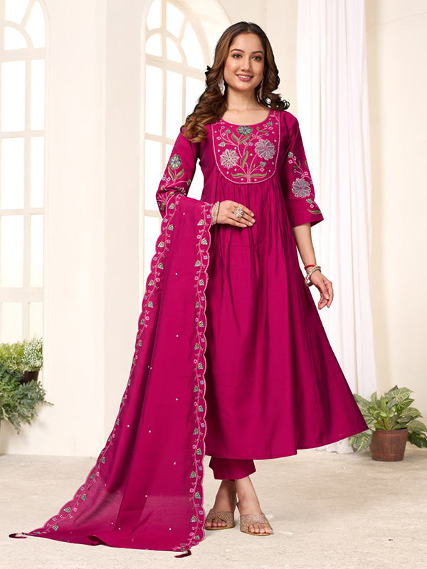 Pink Embroidery Thread Work Viscose Roman Silk Anarkali Kurti Set