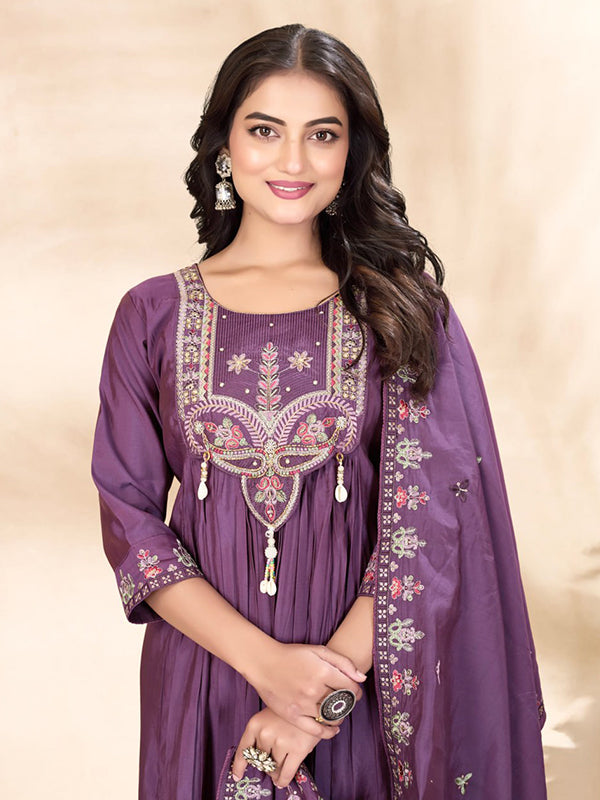Light Purple Thread Sequence Work Roman Silk Anarkali Kurti Set