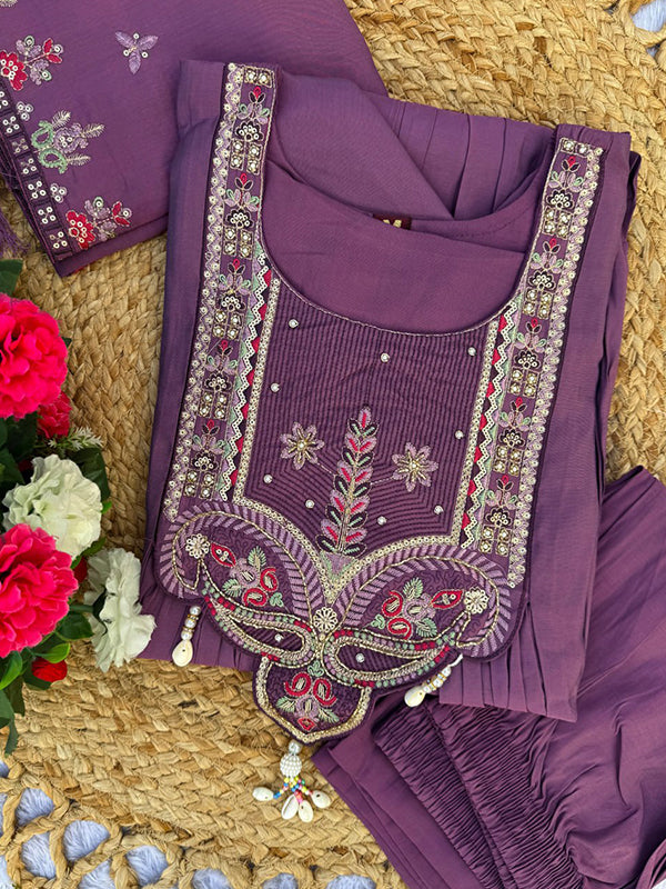 Light Purple Thread Sequence Work Roman Silk Anarkali Kurti Set