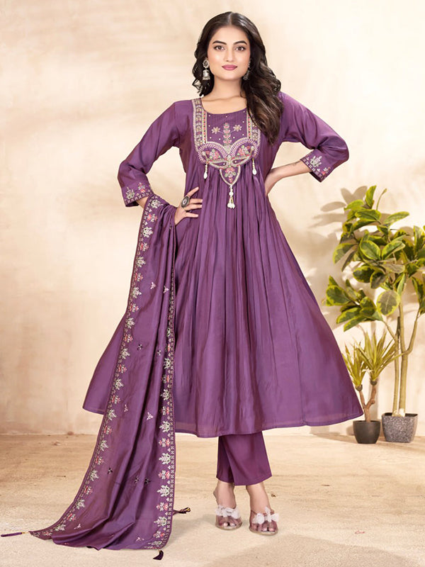 Light Purple Thread Sequence Work Roman Silk Anarkali Kurti Set