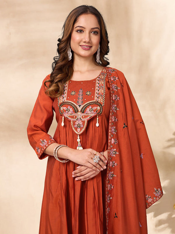 Orange Thread Sequence Work Roman Silk Anarkali Kurti Set