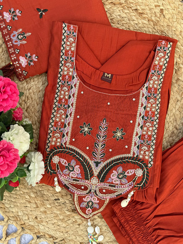Orange Thread Sequence Work Roman Silk Anarkali Kurti Set