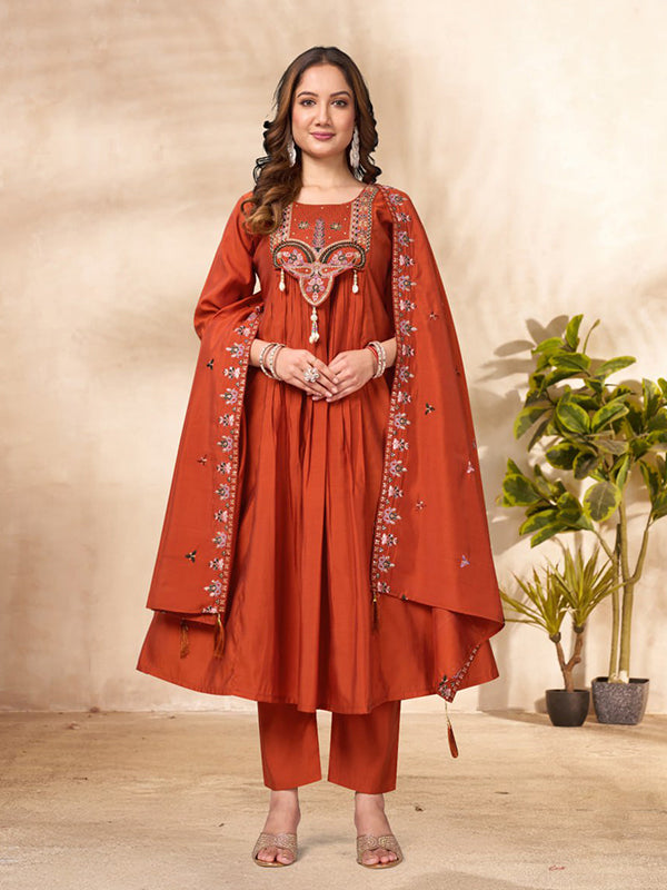 Orange Thread Sequence Work Roman Silk Anarkali Kurti Set