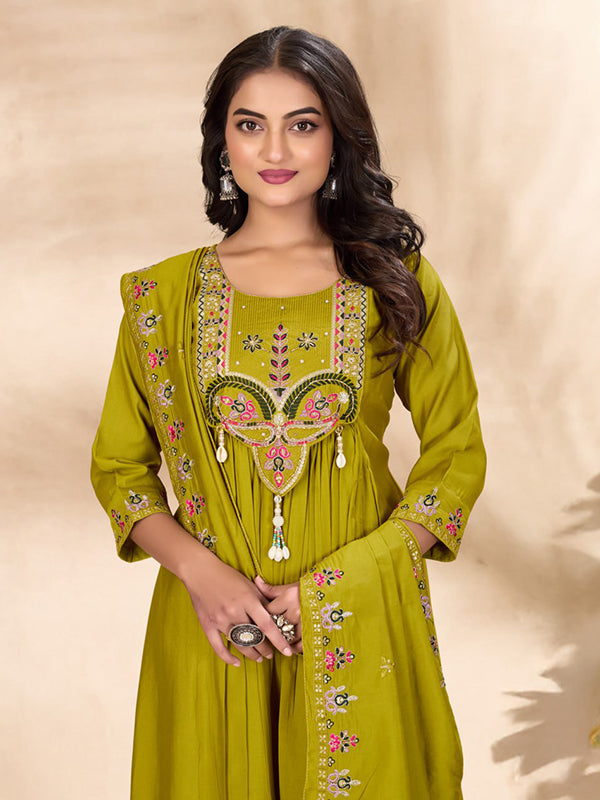 Parrot Green Thread Sequence Work Roman Silk Anarkali Kurti Set