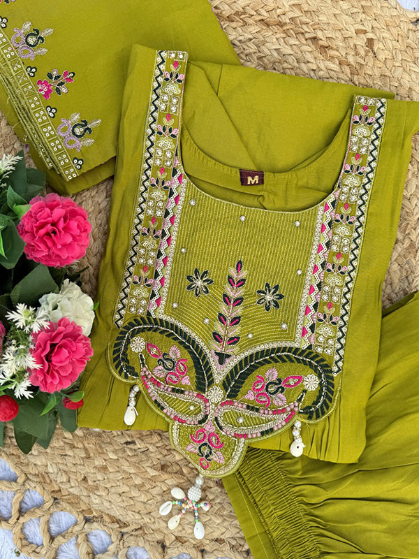 Parrot Green Thread Sequence Work Roman Silk Anarkali Kurti Set