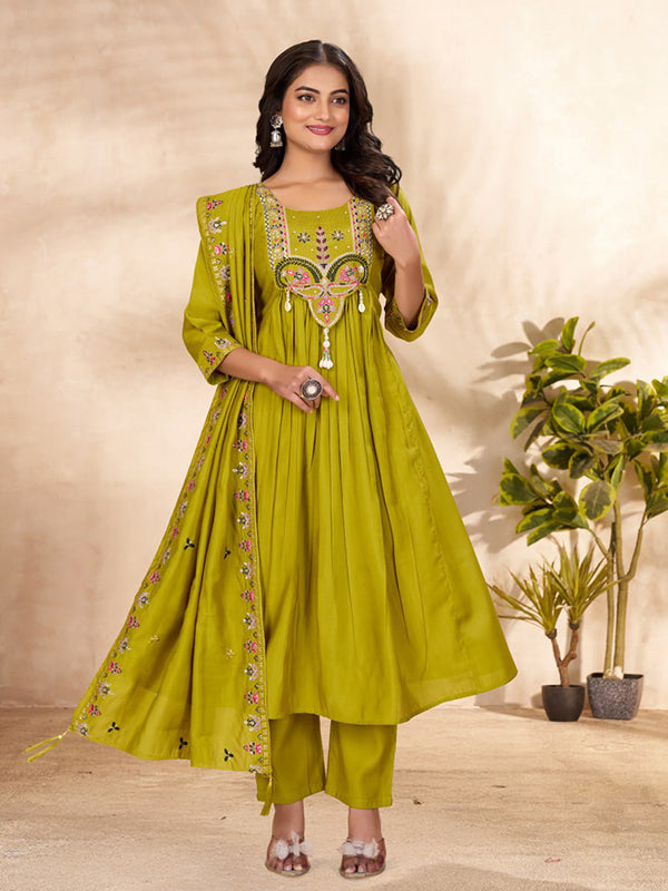 Parrot Green Thread Sequence Work Roman Silk Anarkali Kurti Set