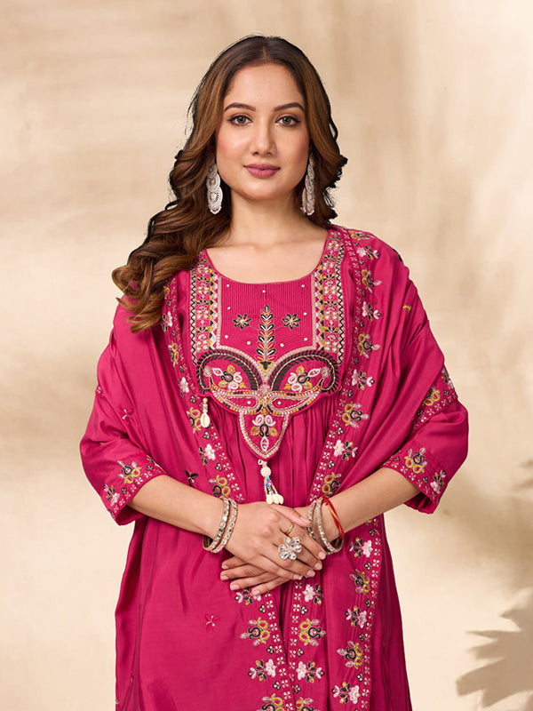 Pink Thread Sequence Work Roman Silk Anarkali Kurti Set