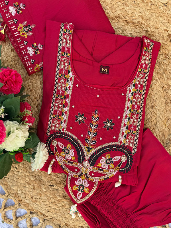 Pink Thread Sequence Work Roman Silk Anarkali Kurti Set