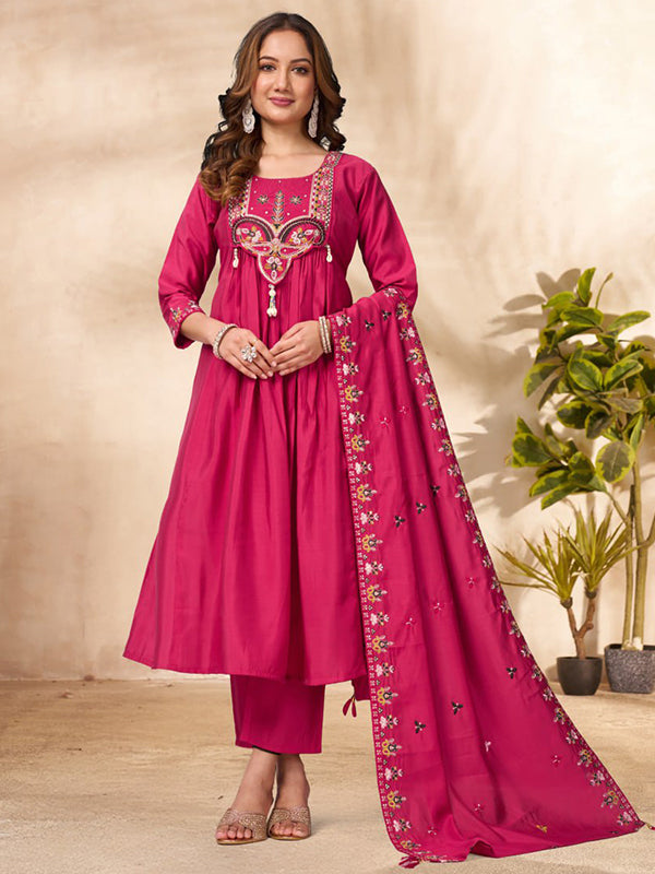 Pink Thread Sequence Work Roman Silk Anarkali Kurti Set