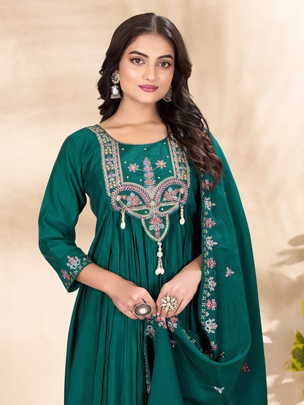 Peacock Blue Thread Sequence Work Roman Silk Anarkali Kurti Set