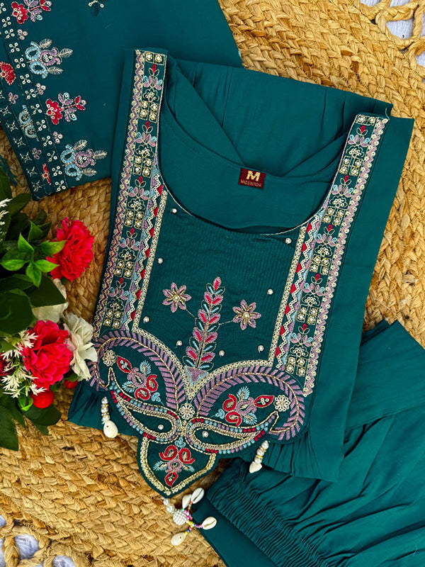 Peacock Blue Thread Sequence Work Roman Silk Anarkali Kurti Set