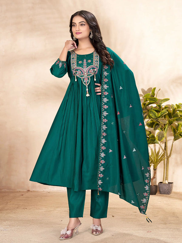 Peacock Blue Thread Sequence Work Roman Silk Anarkali Kurti Set