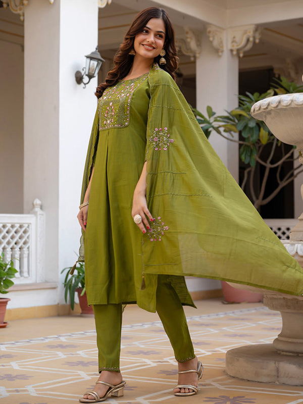 Green Embroidery Sequins Work Viscose Mango Silk Anarkali Kurti Set
