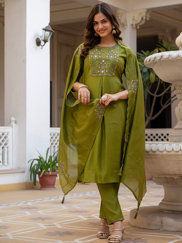 Green Embroidery Sequins Work Viscose Mango Silk Anarkali Kurti Set