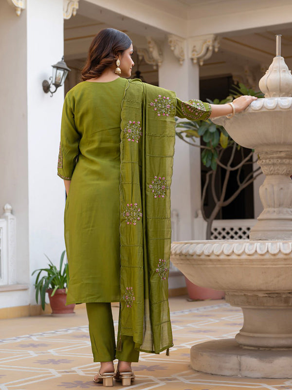 Green Embroidery Sequins Work Viscose Mango Silk Anarkali Kurti Set
