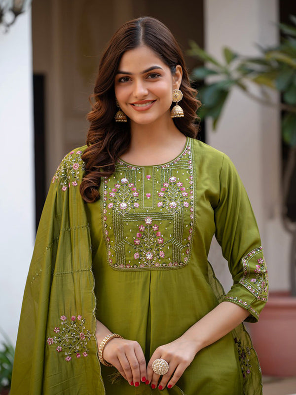 Green Embroidery Sequins Work Viscose Mango Silk Anarkali Kurti Set