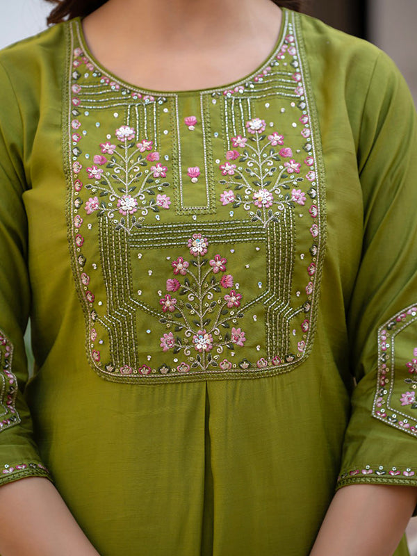Green Embroidery Sequins Work Viscose Mango Silk Anarkali Kurti Set