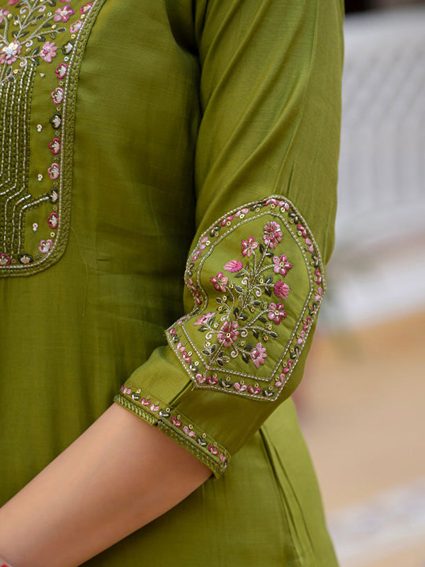 Green Embroidery Sequins Work Viscose Mango Silk Anarkali Kurti Set