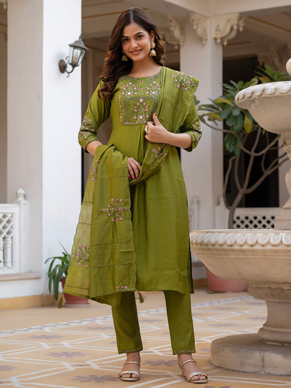 Green Embroidery Sequins Work Viscose Mango Silk Anarkali Kurti Set