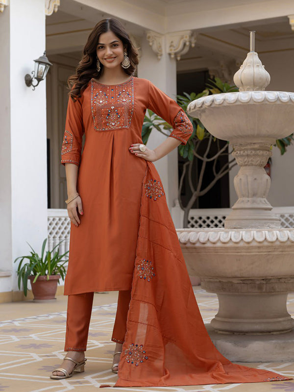 Rust Orange Embroidery Sequins Work Viscose Mango Silk Anarkali Kurti Set