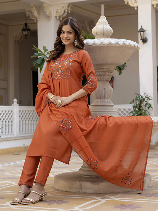 Rust Orange Embroidery Sequins Work Viscose Mango Silk Anarkali Kurti Set