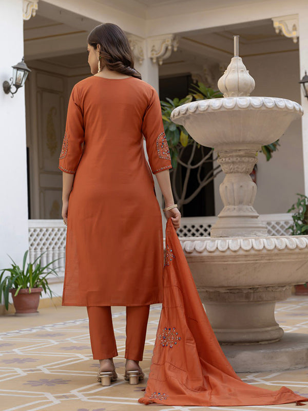 Rust Orange Embroidery Sequins Work Viscose Mango Silk Anarkali Kurti Set
