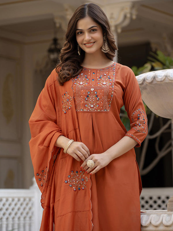Rust Orange Embroidery Sequins Work Viscose Mango Silk Anarkali Kurti Set