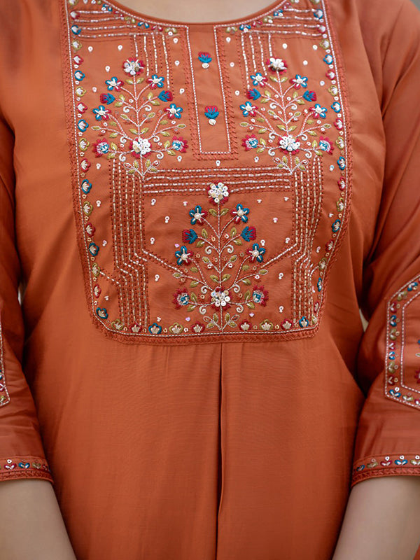 Rust Orange Embroidery Sequins Work Viscose Mango Silk Anarkali Kurti Set