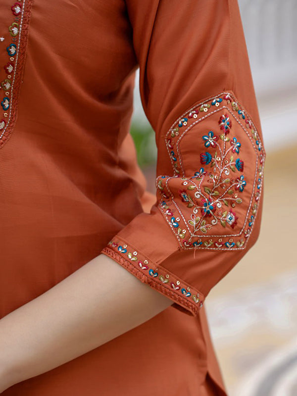 Rust Orange Embroidery Sequins Work Viscose Mango Silk Anarkali Kurti Set