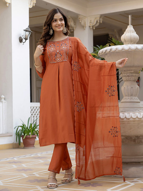 Rust Orange Embroidery Sequins Work Viscose Mango Silk Anarkali Kurti Set