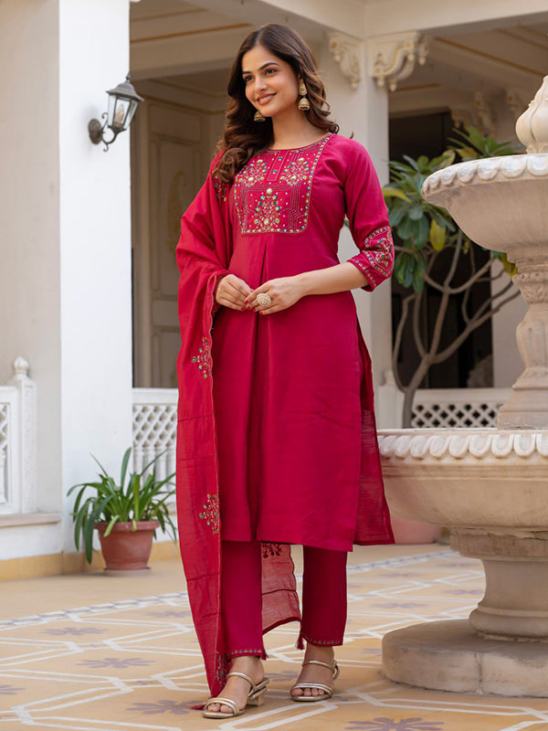 Pink Embroidery Sequins Work Viscose Mango Silk Anarkali Kurti Set