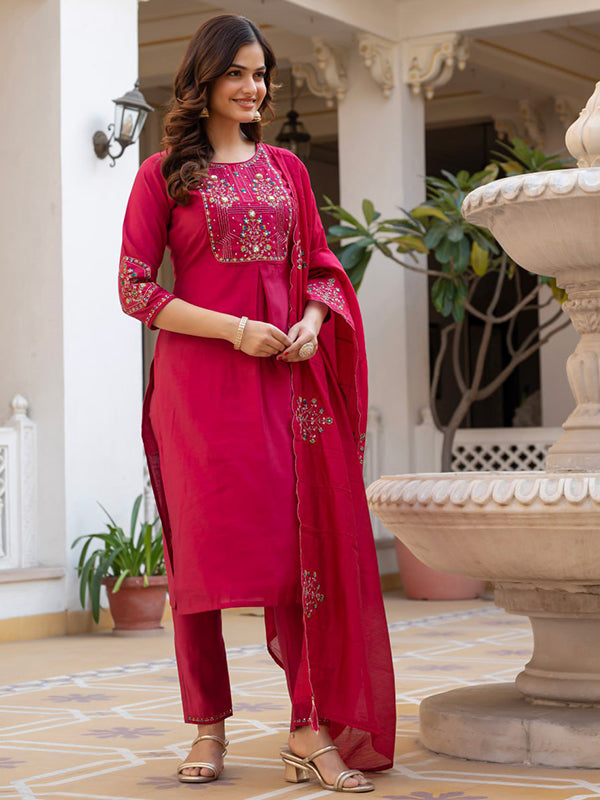 Pink Embroidery Sequins Work Viscose Mango Silk Anarkali Kurti Set