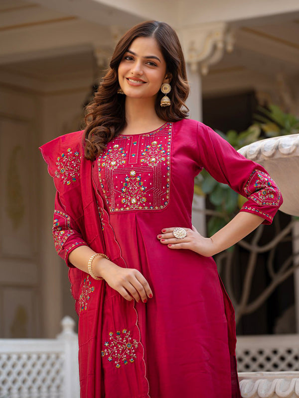 Pink Embroidery Sequins Work Viscose Mango Silk Anarkali Kurti Set