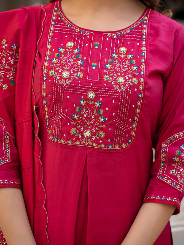 Pink Embroidery Sequins Work Viscose Mango Silk Anarkali Kurti Set