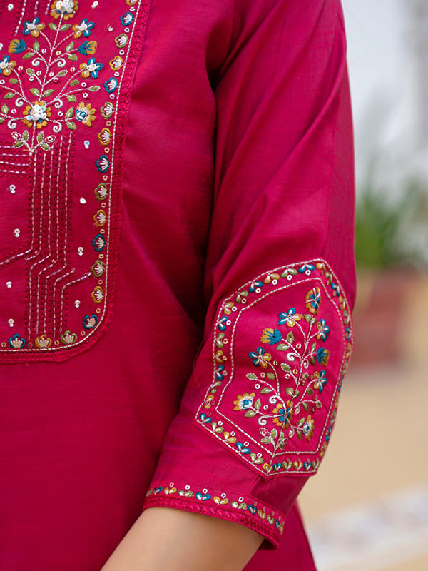 Pink Embroidery Sequins Work Viscose Mango Silk Anarkali Kurti Set