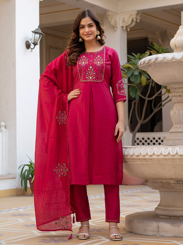 Pink Embroidery Sequins Work Viscose Mango Silk Anarkali Kurti Set