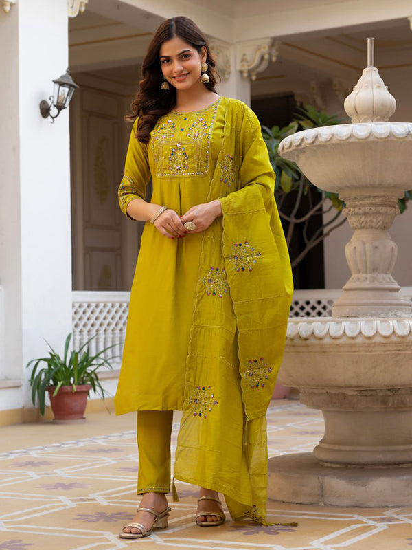 Parrot Green Embroidery Sequins Work Viscose Mango Silk Anarkali Kurti Set