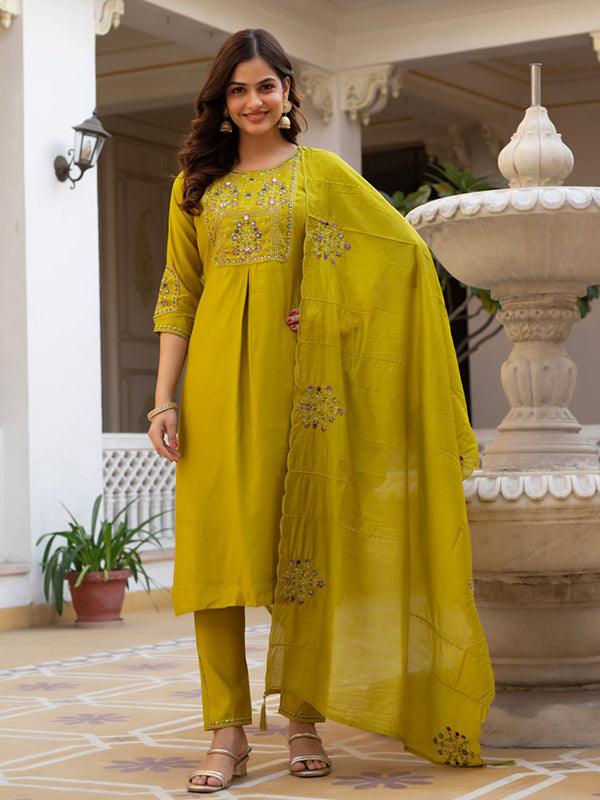 Parrot Green Embroidery Sequins Work Viscose Mango Silk Anarkali Kurti Set