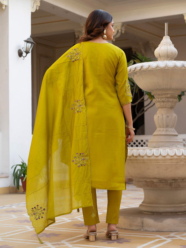 Parrot Green Embroidery Sequins Work Viscose Mango Silk Anarkali Kurti Set