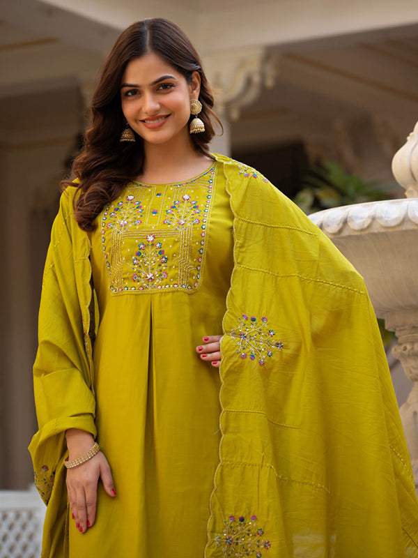 Parrot Green Embroidery Sequins Work Viscose Mango Silk Anarkali Kurti Set