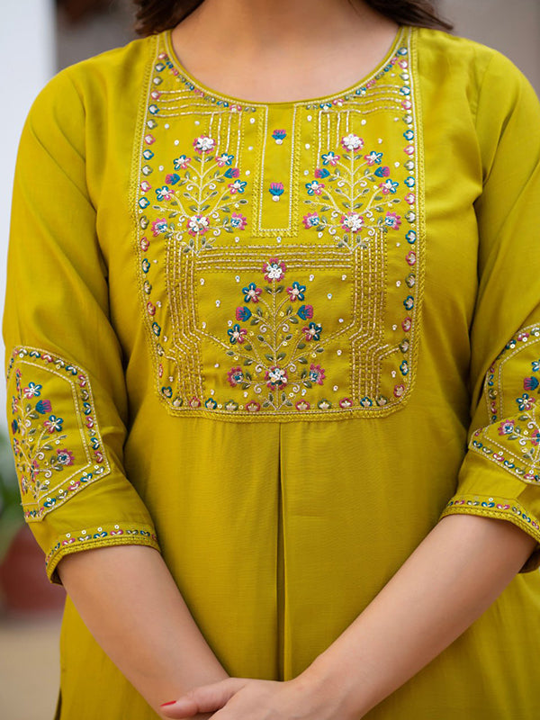 Parrot Green Embroidery Sequins Work Viscose Mango Silk Anarkali Kurti Set