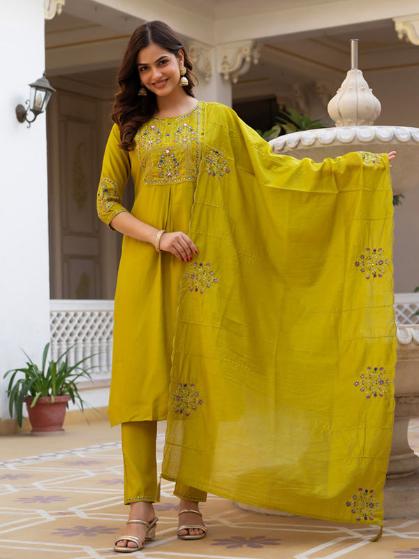 Parrot Green Embroidery Sequins Work Viscose Mango Silk Anarkali Kurti Set