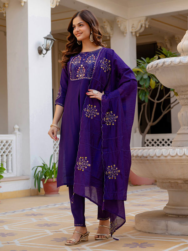 Purple Embroidery Sequins Work Viscose Mango Silk Anarkali Kurti Set
