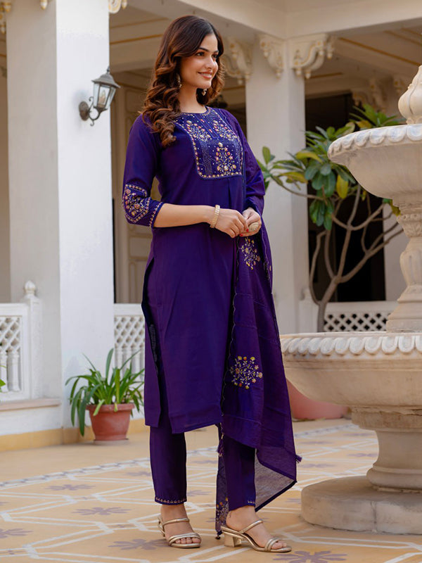 Purple Embroidery Sequins Work Viscose Mango Silk Anarkali Kurti Set