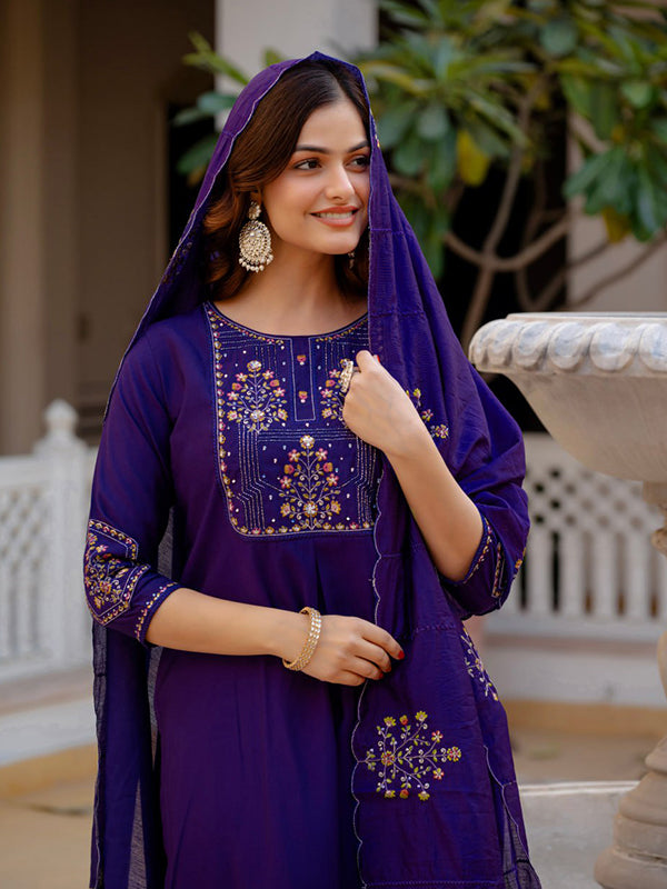 Purple Embroidery Sequins Work Viscose Mango Silk Anarkali Kurti Set