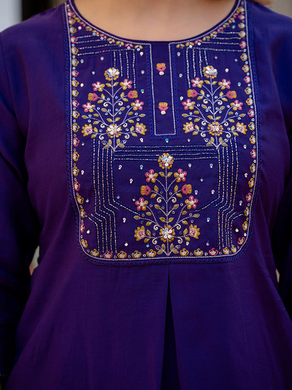 Purple Embroidery Sequins Work Viscose Mango Silk Anarkali Kurti Set