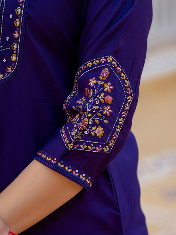 Purple Embroidery Sequins Work Viscose Mango Silk Anarkali Kurti Set